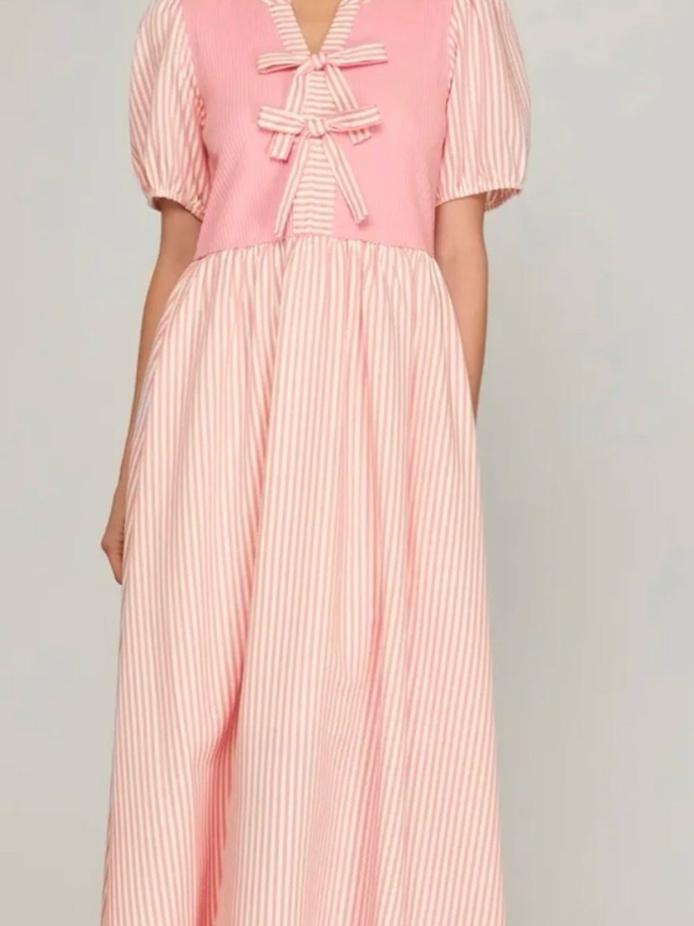 She + Sky Pink Striped Midi Dress with Bow Detail